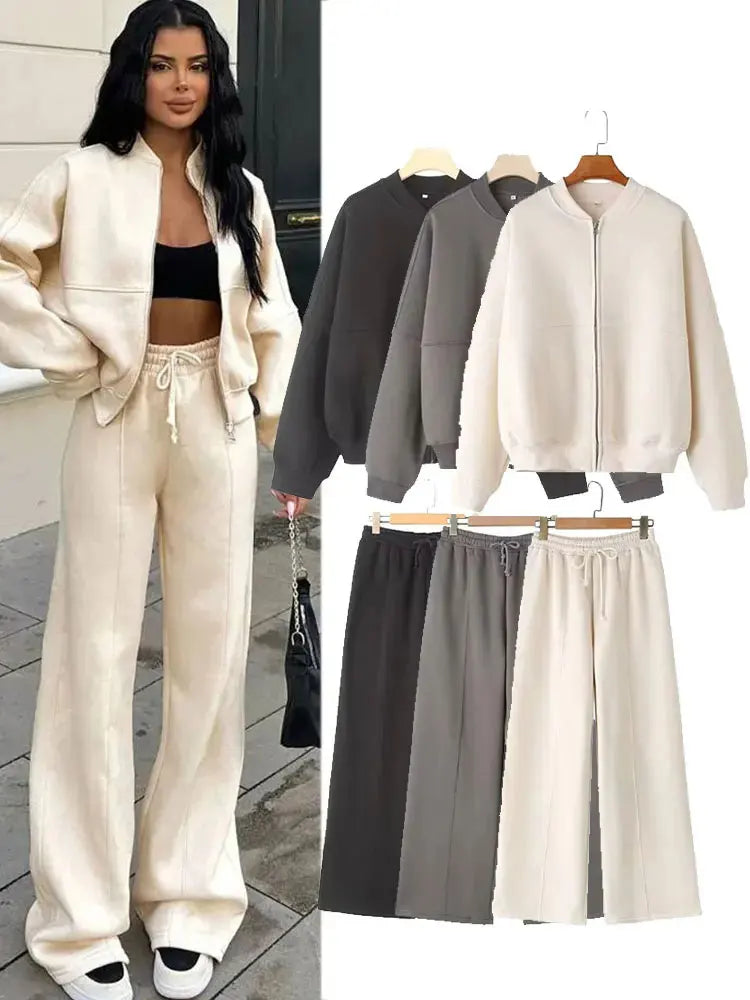 Women Retro 2 Piece Bomber Jacket and Wide Leg Pants Set