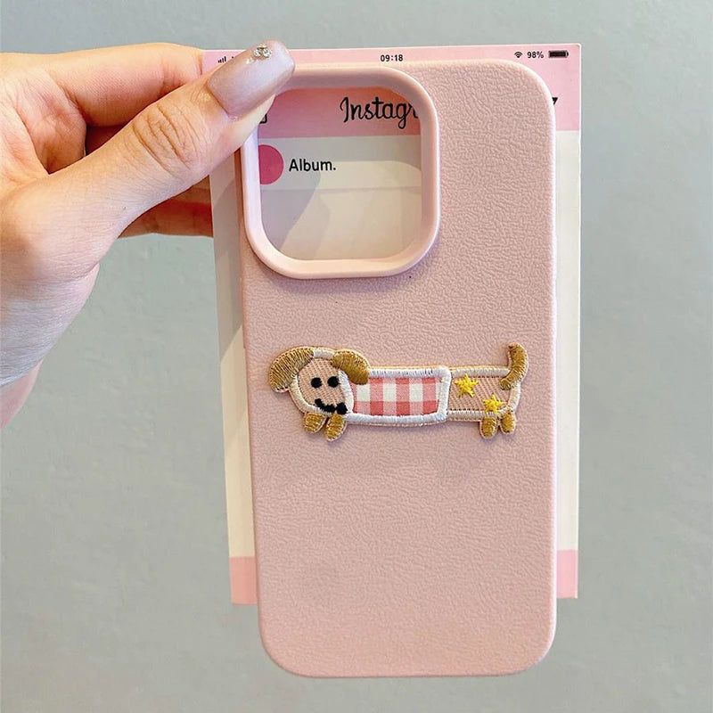 Cute 3D Cartoon Embroidery Puppy Leather Pattern iPhone Case