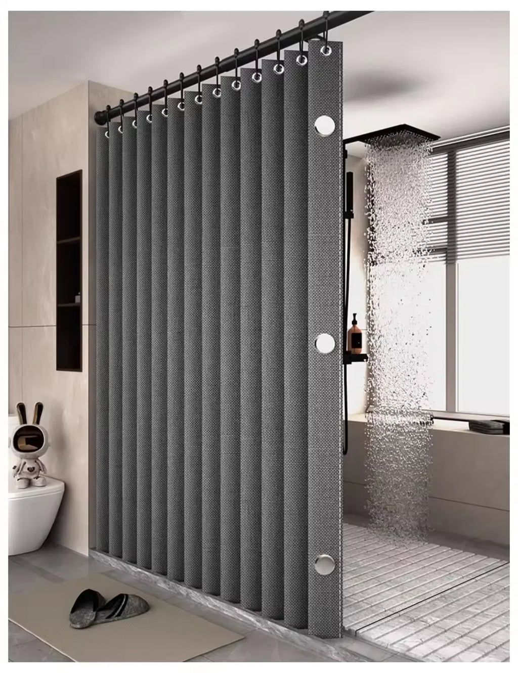 Magnetic Foldable Shower Curtain Linen Waterproof Walk In Bath Curtain