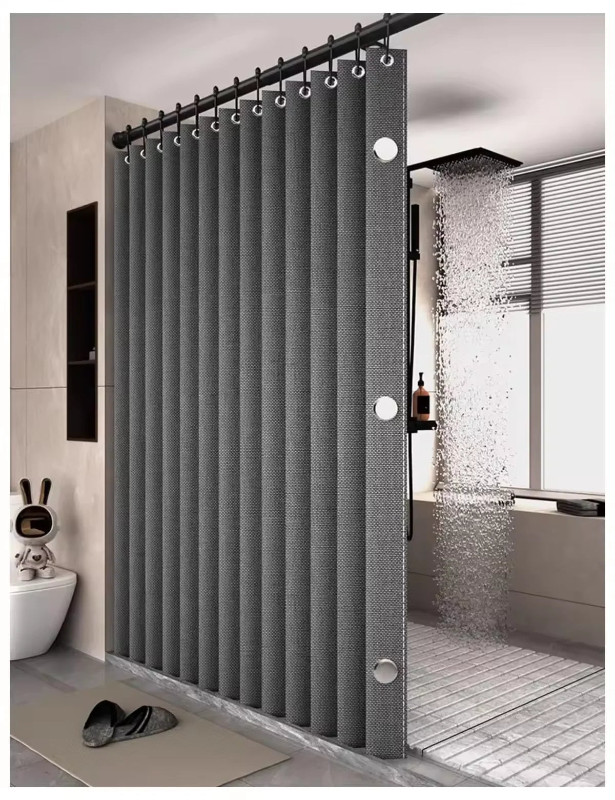Magnetic Foldable Shower Curtain Linen Waterproof Walk In Bath Curtain
