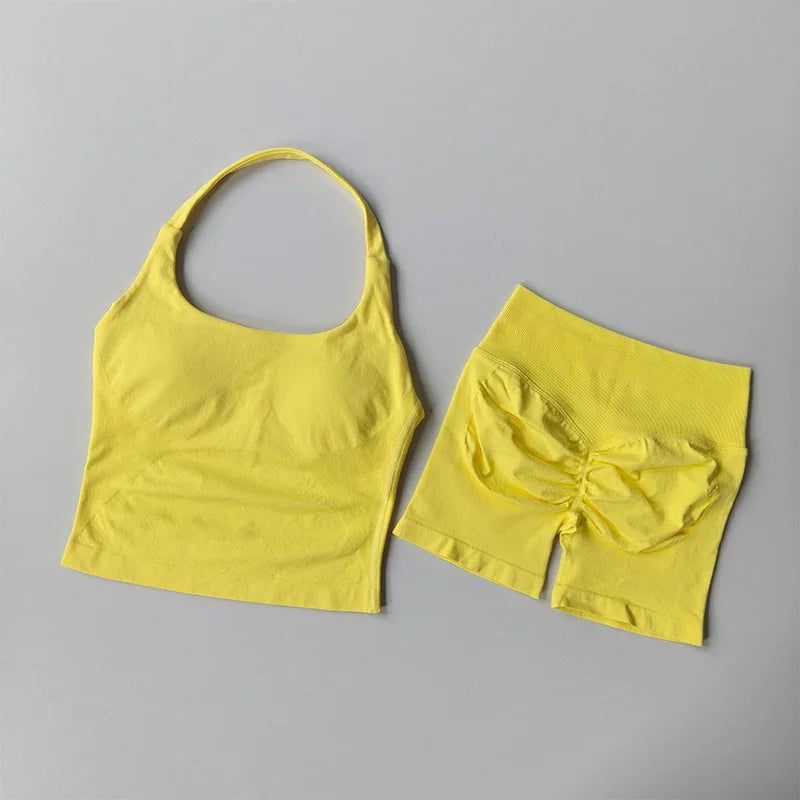 Seamless Yoga Set Women Halter Sports Bra High Waist Shorts Gym Workout Set