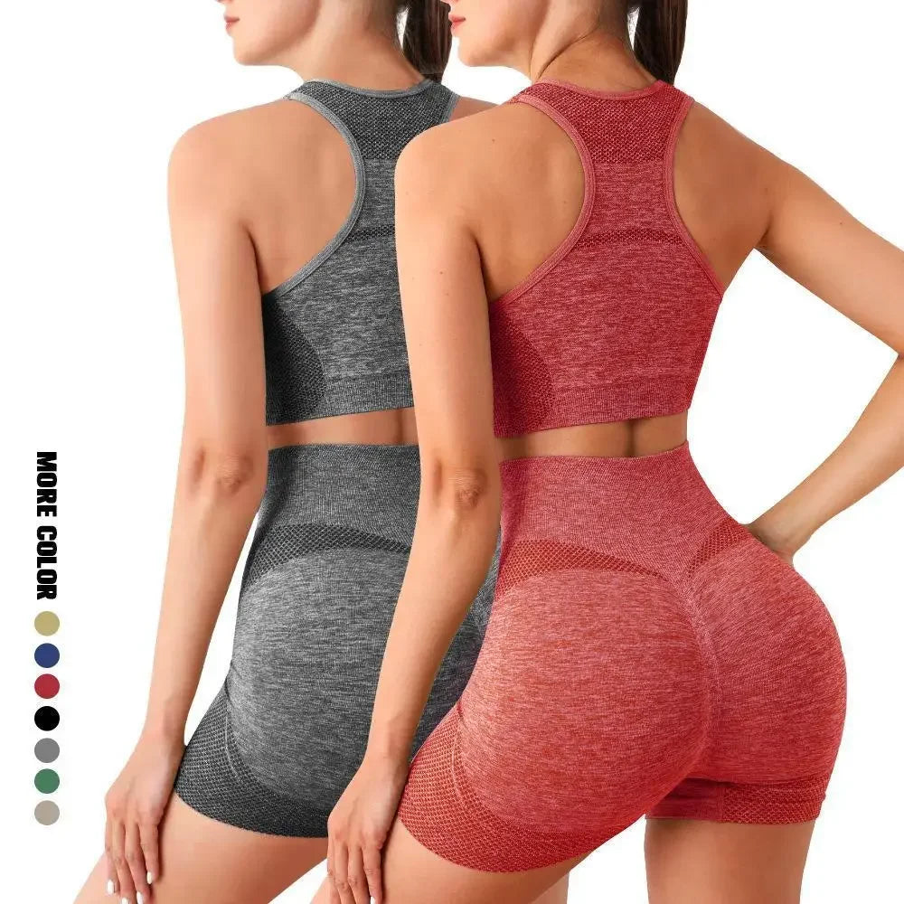 Women Seamless Gym Set Scrunch Butt Shorts High Waist Fitness Workout Outfit
