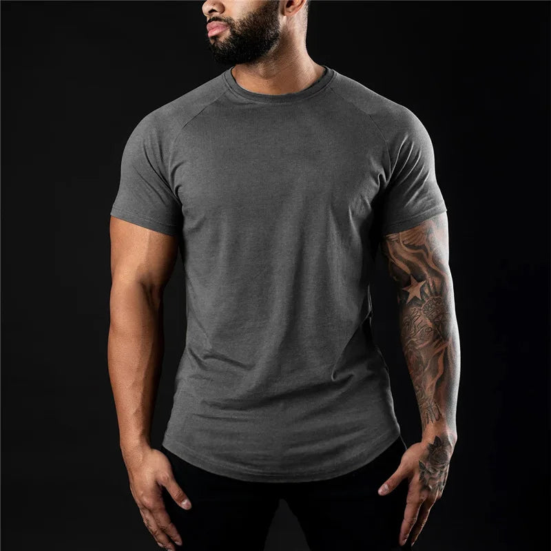 Men Gym Cotton T Shirt Slim Fit O Neck Short Sleeve Workout Fitness Tee