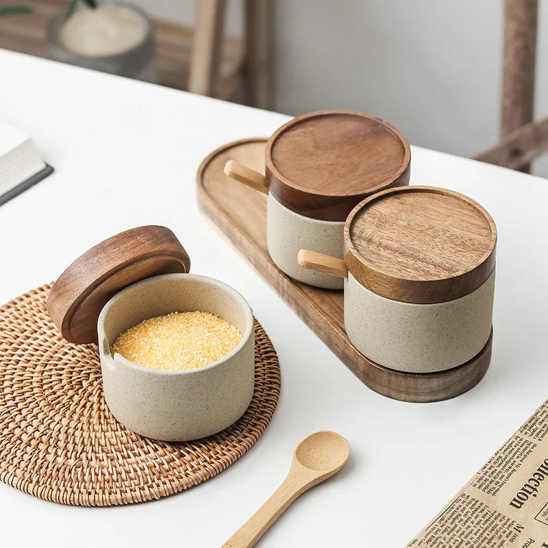 Ceramic Seasoning Jar with Bamboo Lid Spoon Japanese Spice Container Kitchen Storage