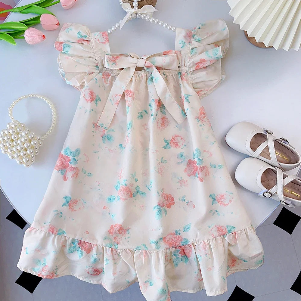 Girls Rose Pink Plaid Bow Midi Dress Princess Party Sundress