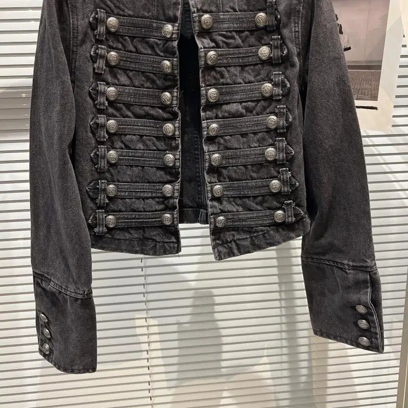 Vintage Washed Punk Denim Jacket for Women Stand Collar Coat