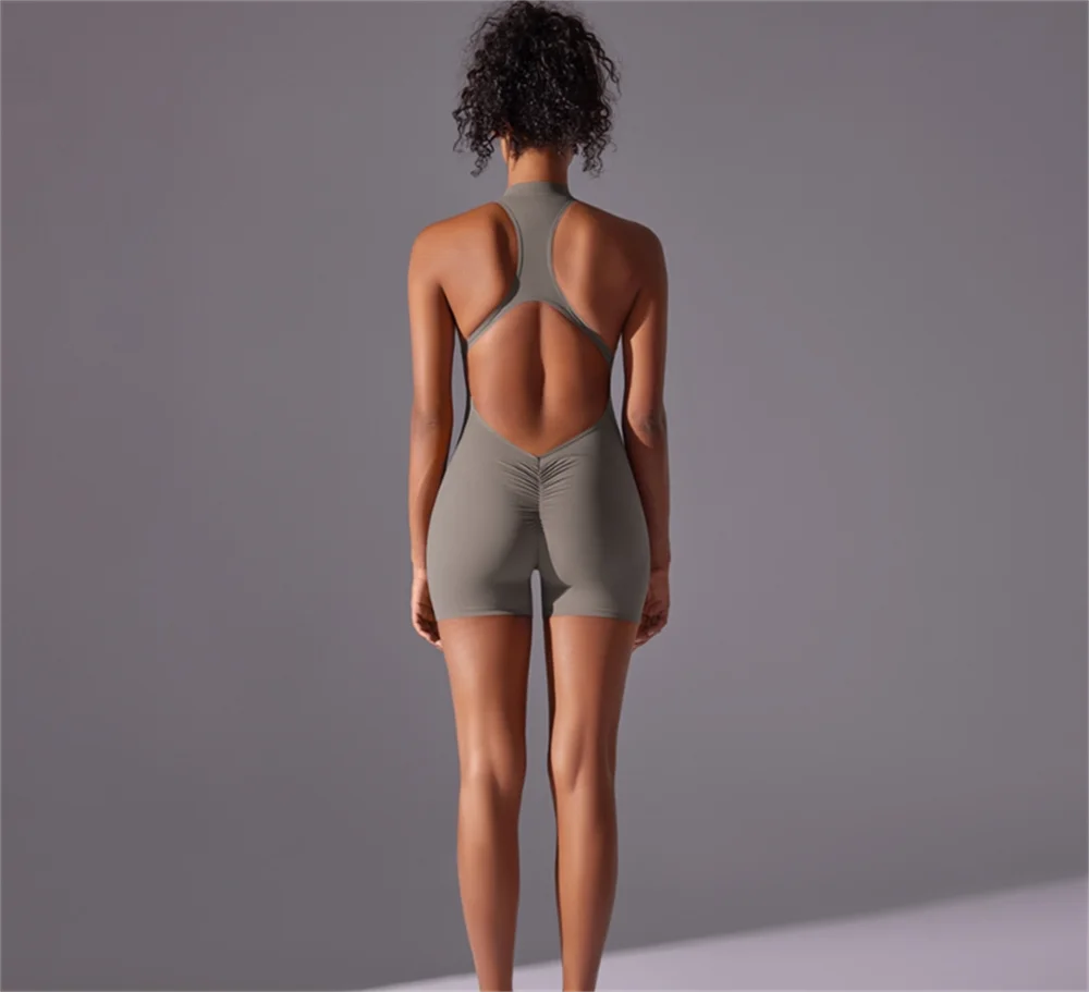 Halter Zip Gym Jumpsuit Women Seamless One Piece Fitness Romper Body Shaping Yoga Suit