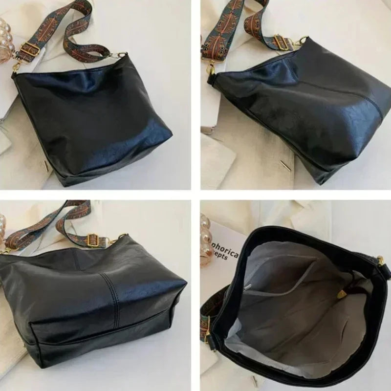 Vintage PU Leather Bucket Bag Large Capacity Shoulder Crossbody Handbag