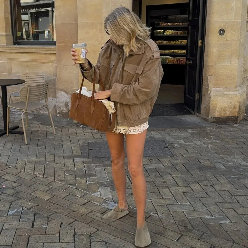Women Suede Bomber Jacket Loose Fit Long Sleeve Coat Streetwear Outwear 2025