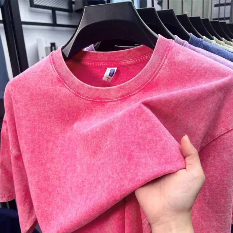 Men Oversized Washed Cotton Vintage T Shirt Loose Fit Short Sleeve Basic Tee