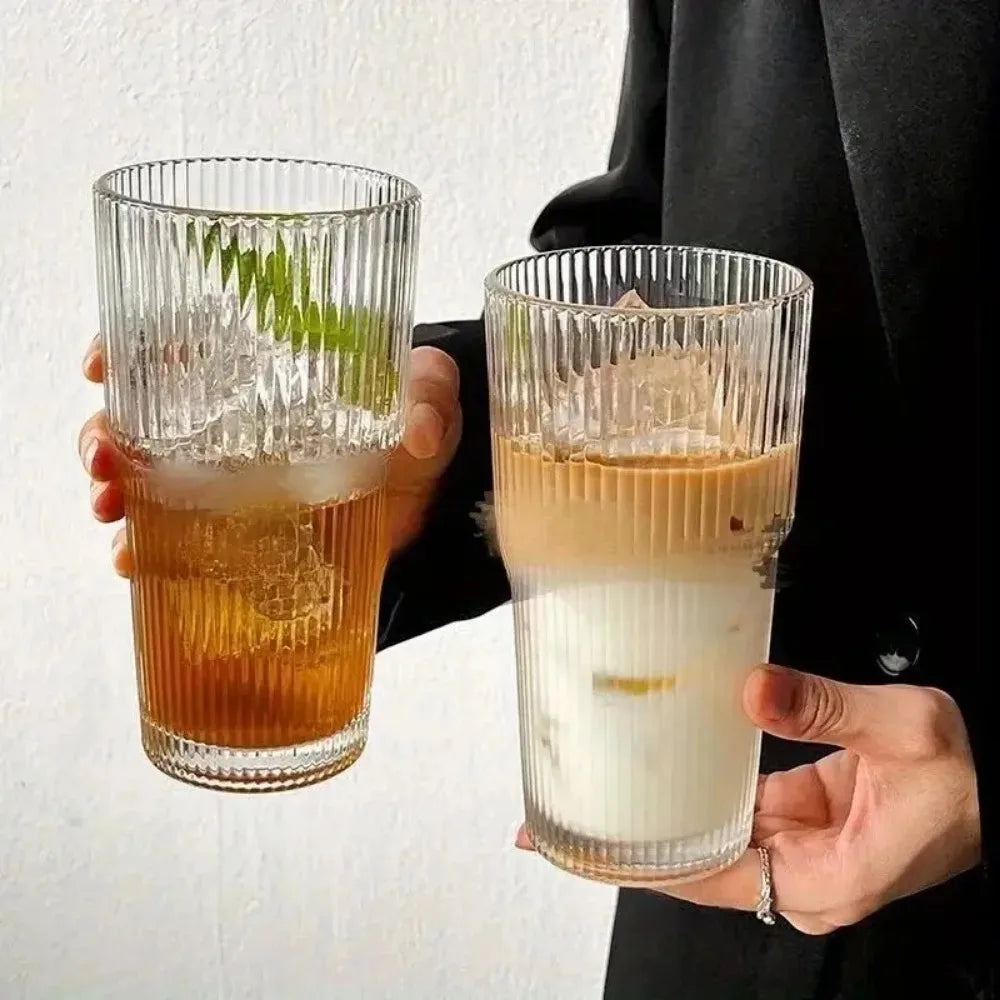 600ml Striped Glass Cup with Lid Straw Transparent Mug for Juice Water Iced Coffee