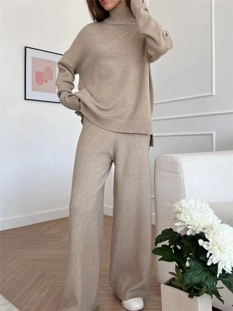 Women Knitted Two Piece Set Turtleneck Sweater and Straight Jogger Pants Winter Tracksuit