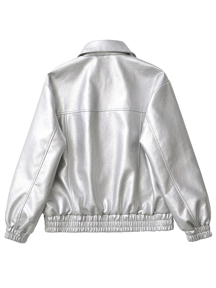 Women Retro PU Leather Biker Jacket Loose Fit Zipper Coat Streetwear Outwear