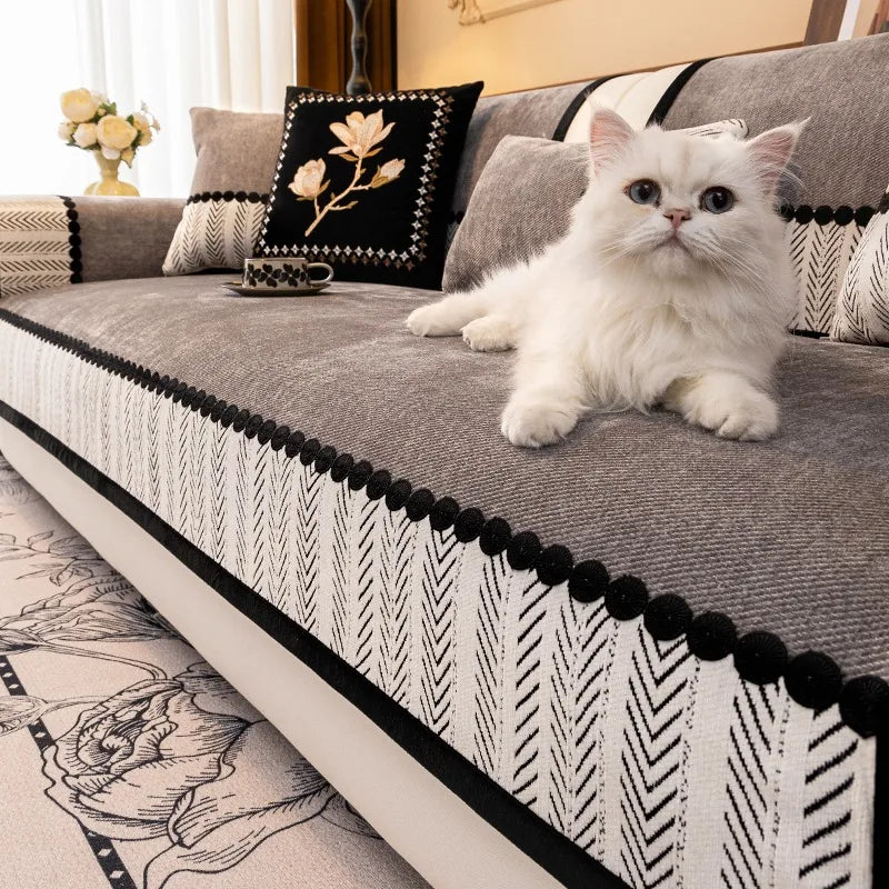 Contrast Hem Chenille Sofa Cover Non Slip Couch Protector for All Seasons