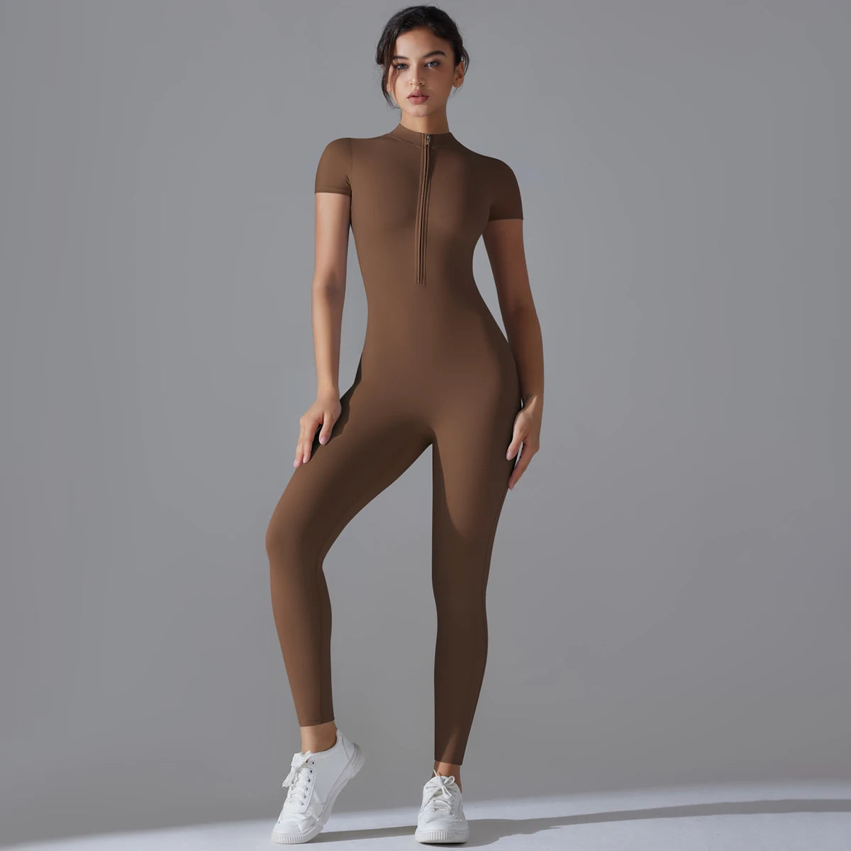 Full Body Gym Jumpsuit Women Short Sleeve Zip Seamless Bodysuit Fitness One Piece Outfit