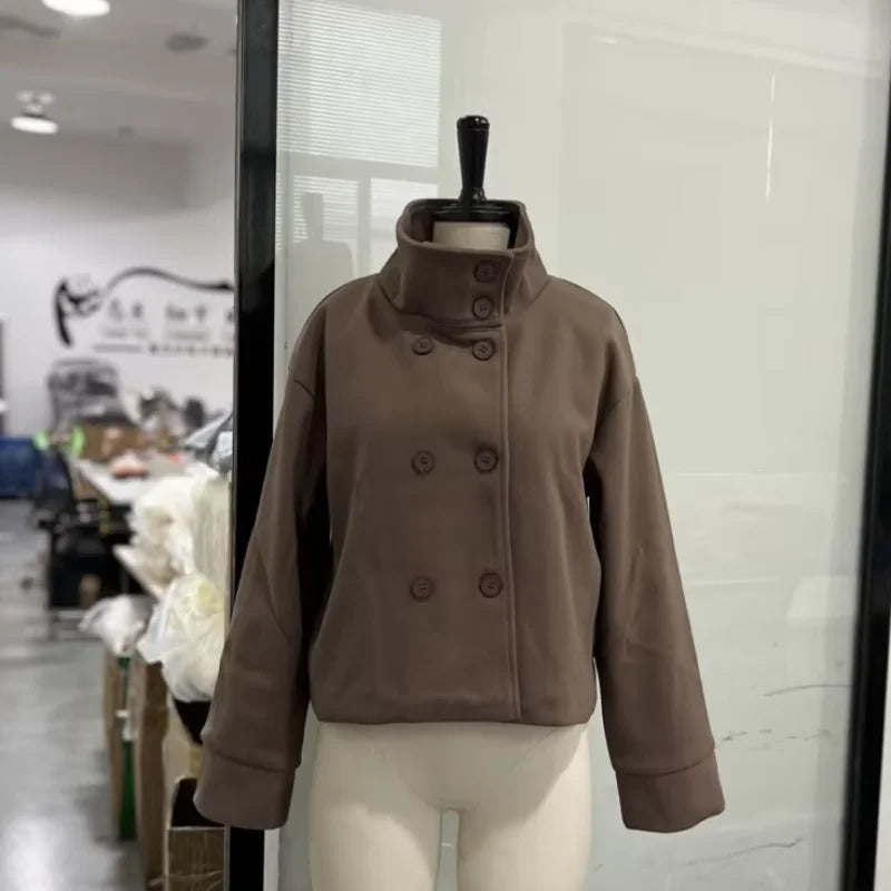 Women Stand Collar Wool Blend Jacket Loose Zip Up Coat
