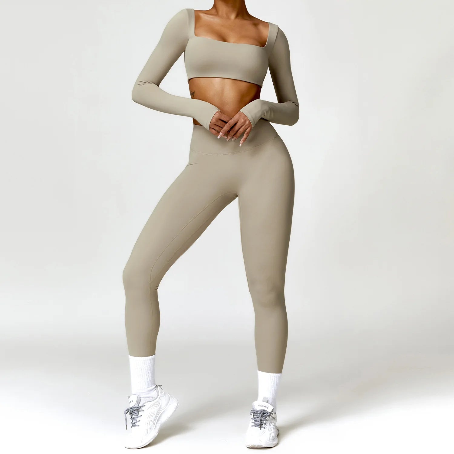 2PCS Seamless Yoga Set Women Long Sleeve Crop Top High Waist Leggings Workout Outfit