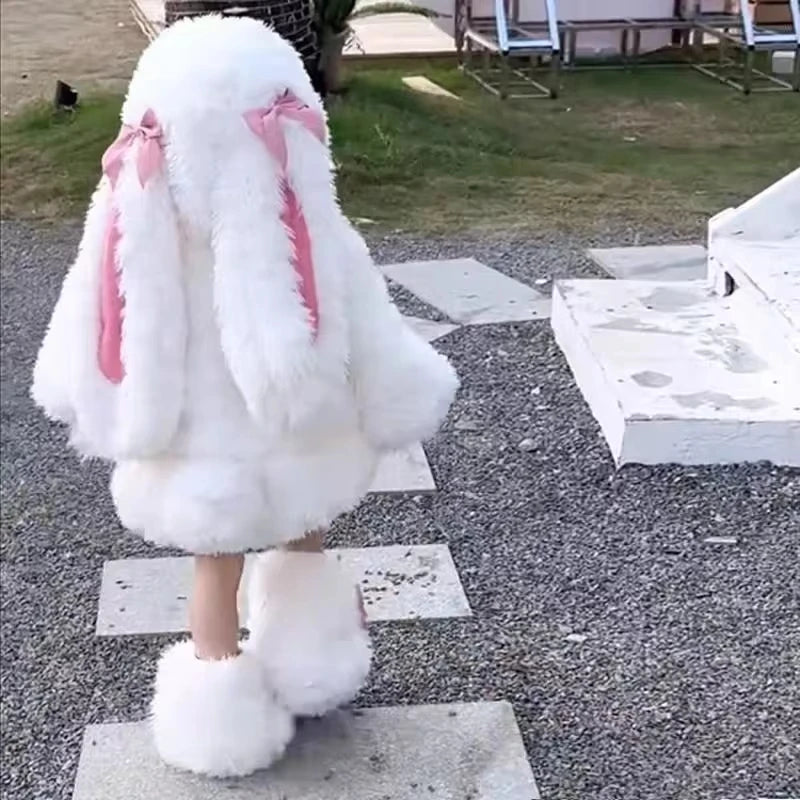 Kids Plush Rabbit Cosplay Costume Winter Warm Top Pants Hat Set