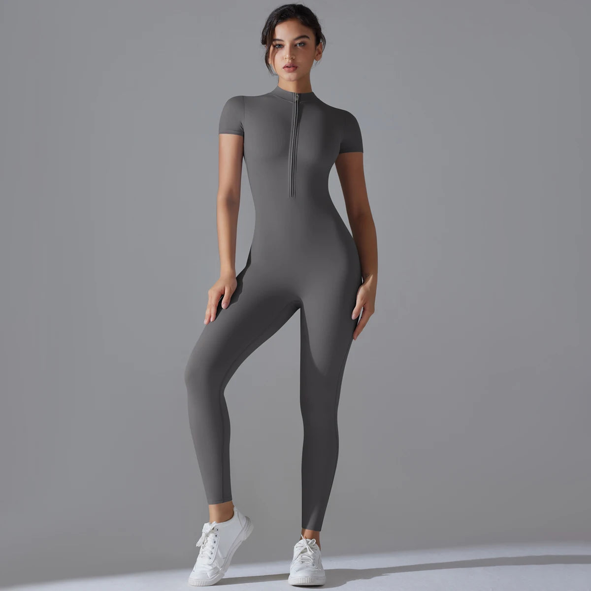 Full Body Gym Jumpsuit Women Short Sleeve Zip Seamless Bodysuit Fitness One Piece Outfit