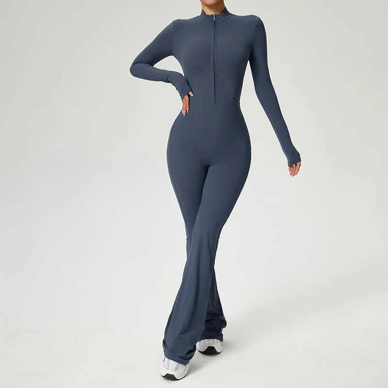 Women Long Sleeve Fitness Jumpsuit Zipper Yoga Bodysuit for Gym Workout