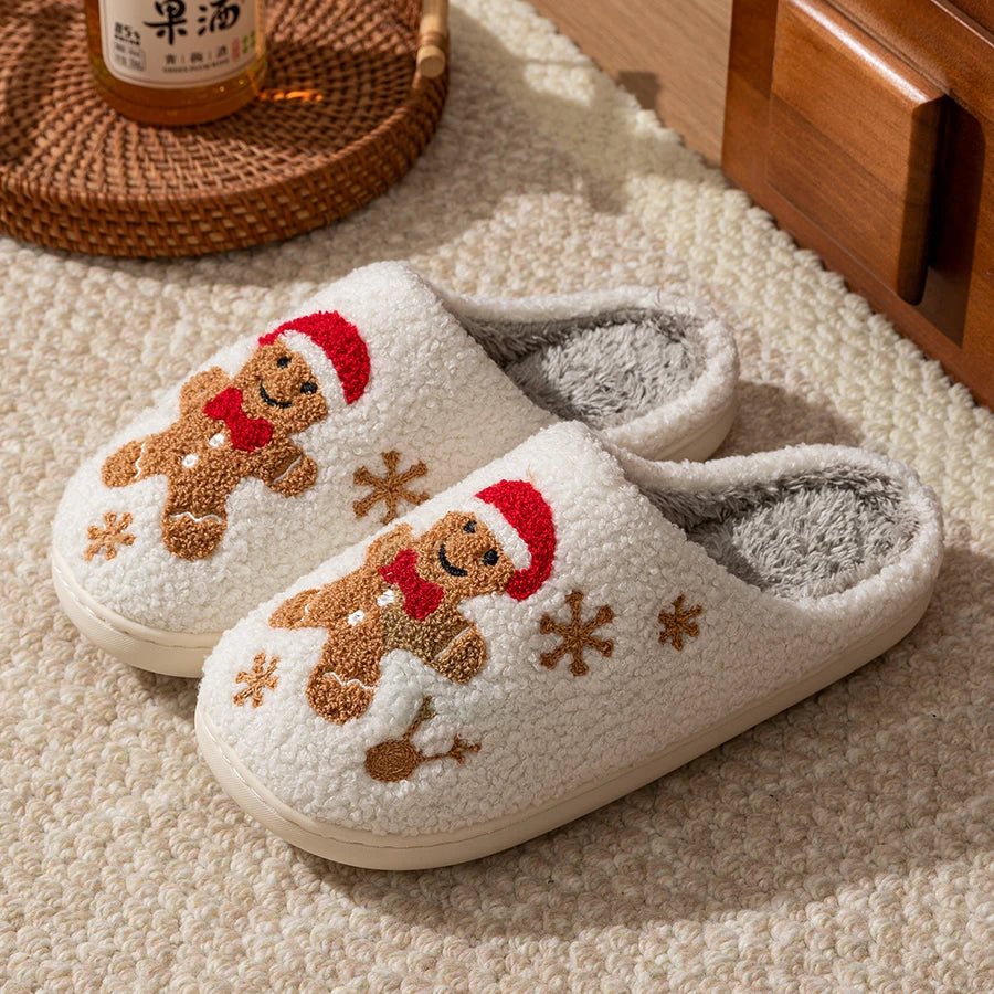 Christmas Plush Slippers Women Cozy Gingerbread Cute Winter Indoor Warm Soft Home Shoes