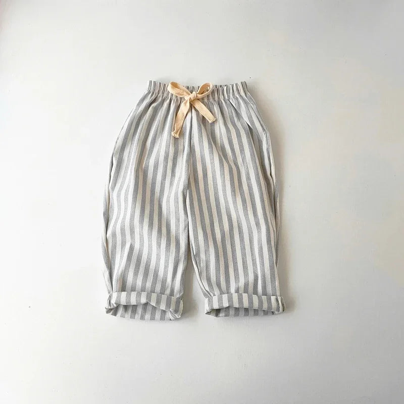 Kids Striped Linen Cotton Pants Vintage Loose Harem Trousers for Boys & Girls