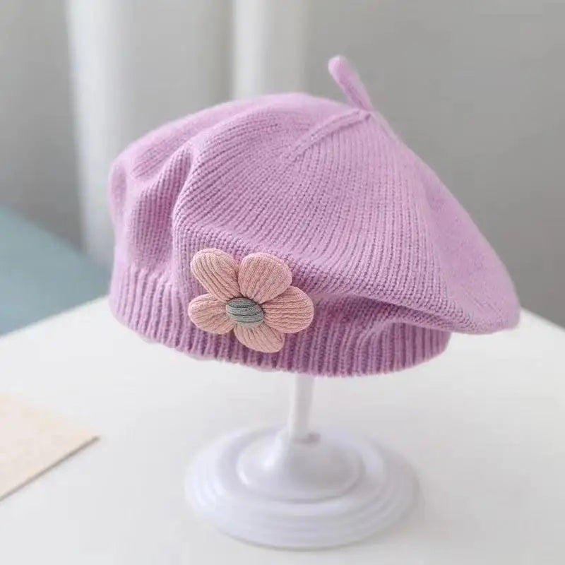 Baby Girl Flower Beret Warm Knit Beanie Hat