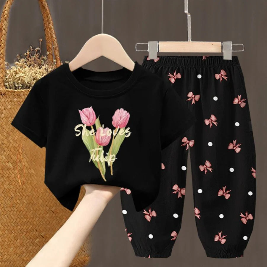 Toddler Girls Summer T-Shirt and Pants Set Cute Kids Two Piece Outfit
