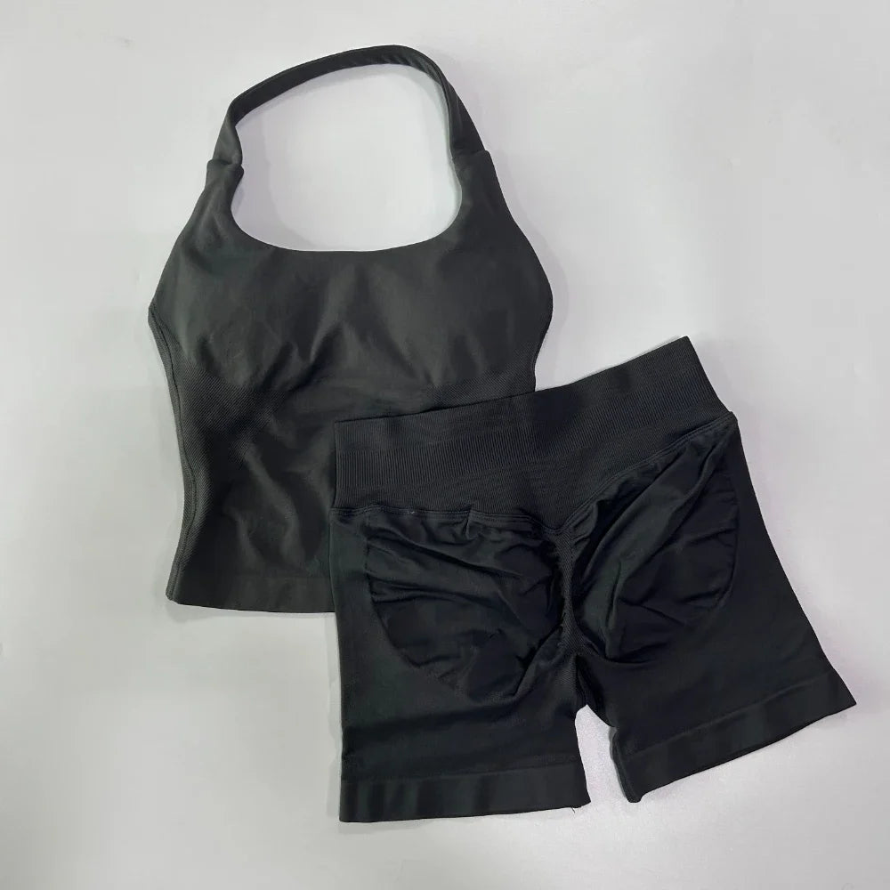 Yoga Set Women Seamless Tank Top High Waist Scrunch Shorts Gym Workout Set