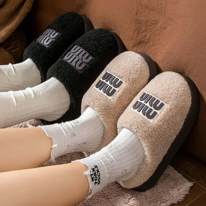 Women Plush Cotton Slippers Thick Sole Winter Indoor Warm Non Slip Home Shoes