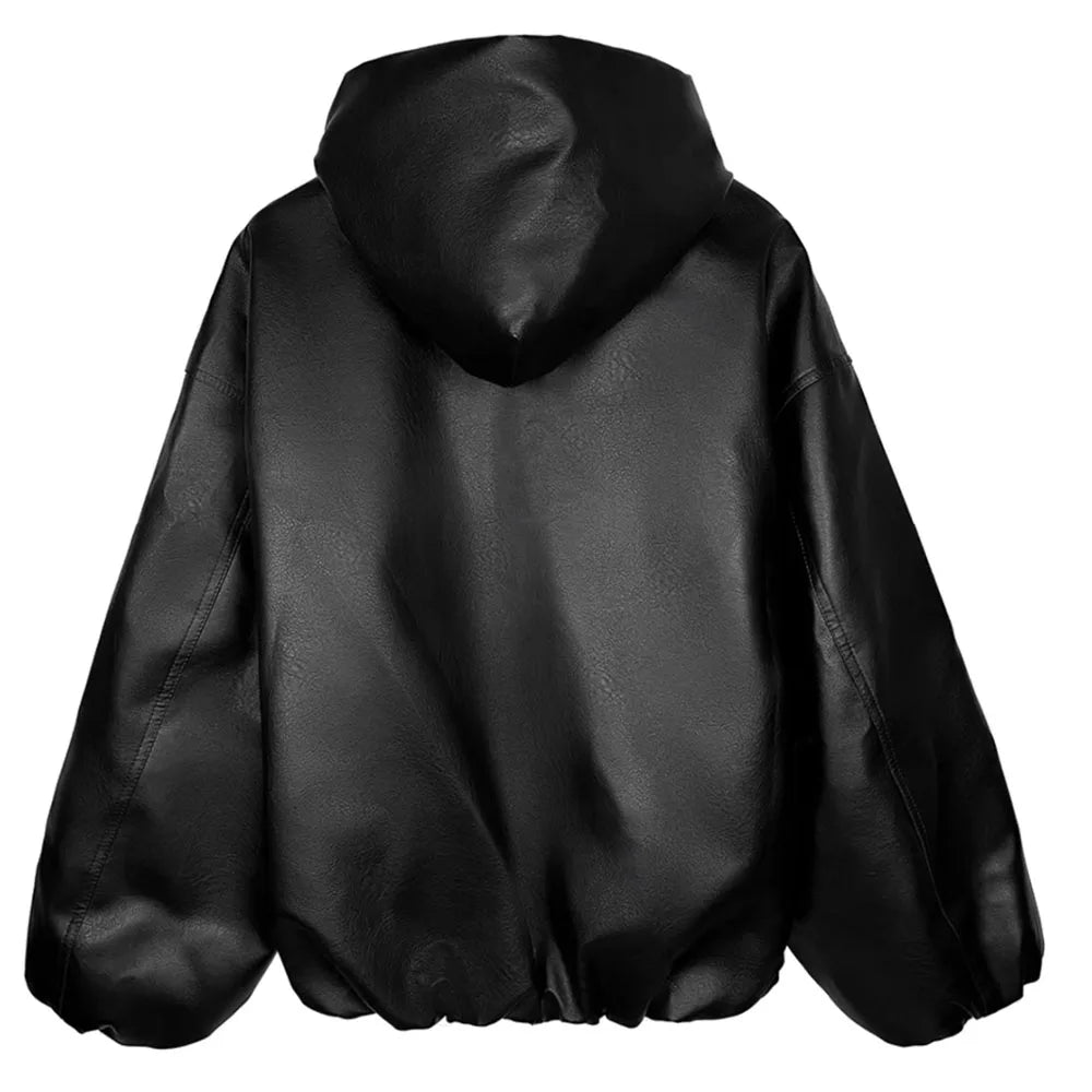 Unisex PU Leather Hooded Windbreaker Jacket Oversized Coat