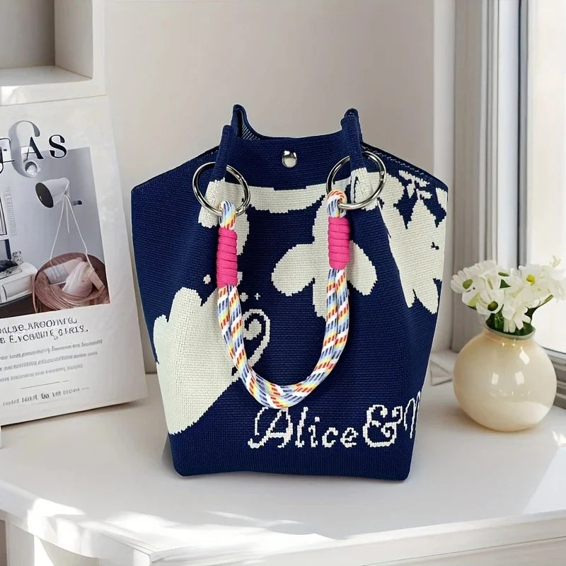 Women Vintage Floral Knit Tote Bag Adjustable Strap