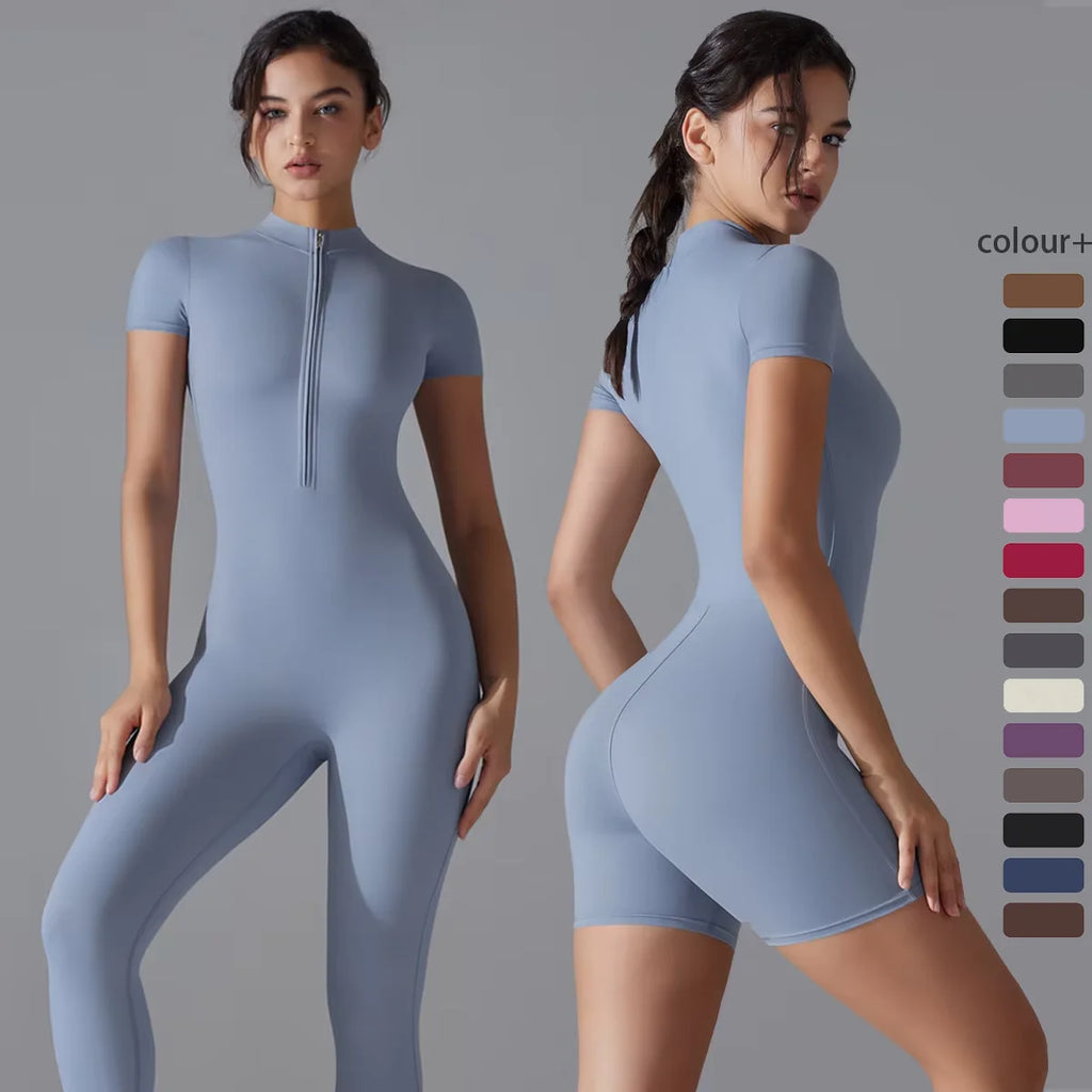 Full Body Gym Jumpsuit Women Short Sleeve Zip Seamless Bodysuit Fitness One Piece Outfit
