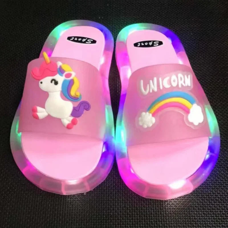 Kids LED Light Up Slippers Unicorn Cartoon Glowing Sandals Colorful Non Slip Children Slide Shoes