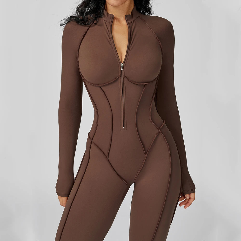 Women Long Sleeve Zip Front Fitness Jumpsuit Body Shaping One Piece Workout Suit