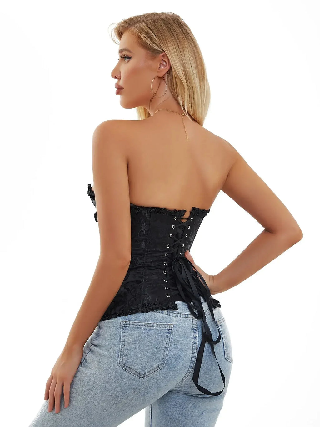 Women Floral Jacquard Corset Lace Up Bustier Top