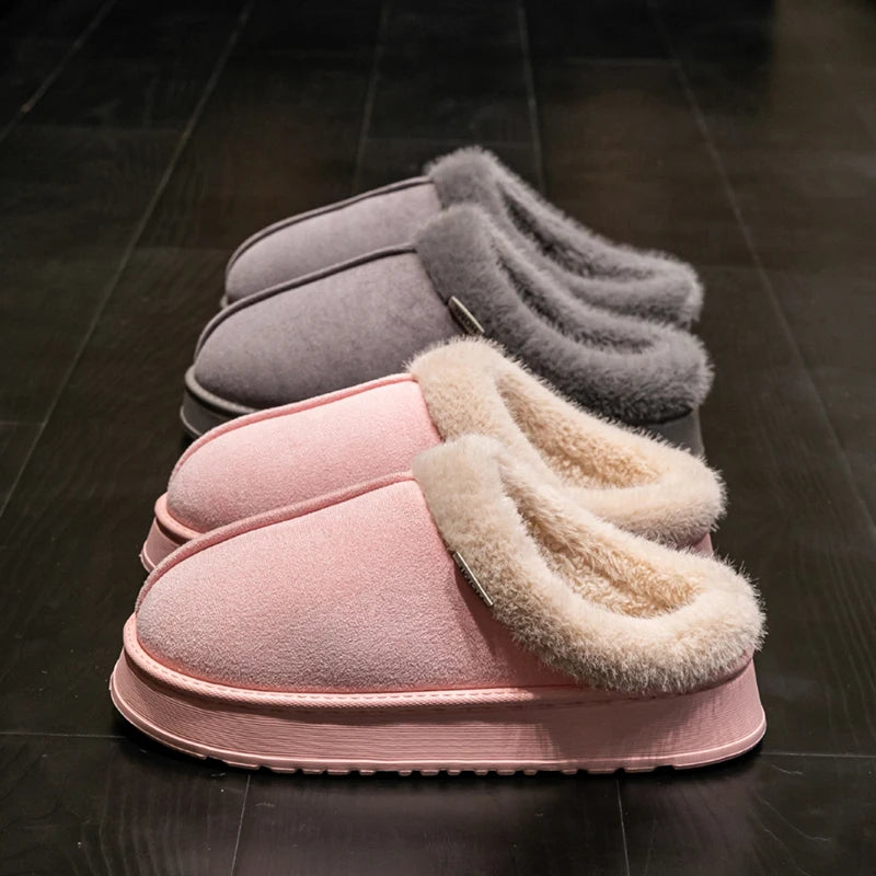 Fluffy Winter Slippers Warm Plush Indoor Shoes Non Slip Thick Sole Cozy Home Slippers Women Men