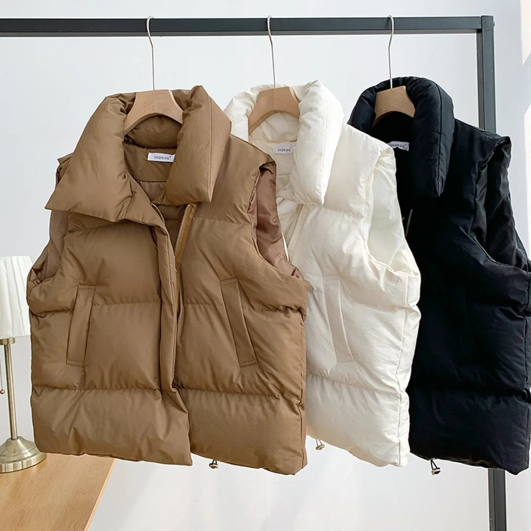 Women Stand Collar Belted Puffer Vest Sleeveless Warm Winter Jacket