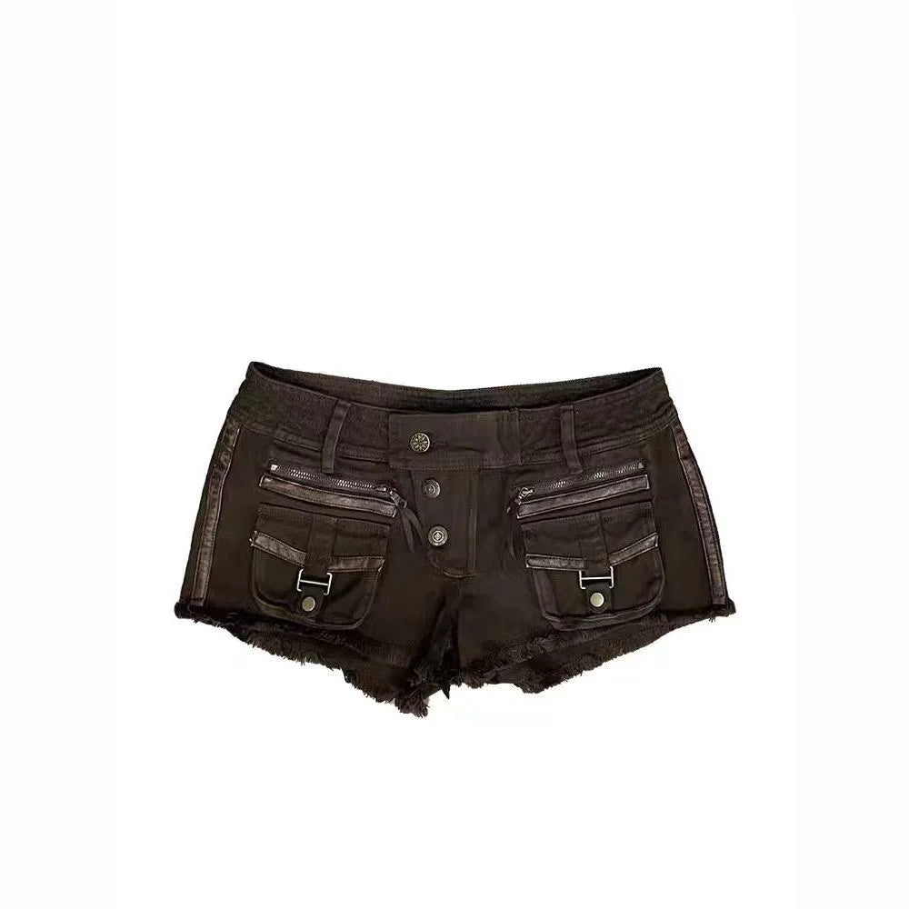 Women Multi Pocket Low Waist Denim Shorts Y2K Hot Pants Hip Hop Style Mini Shorts