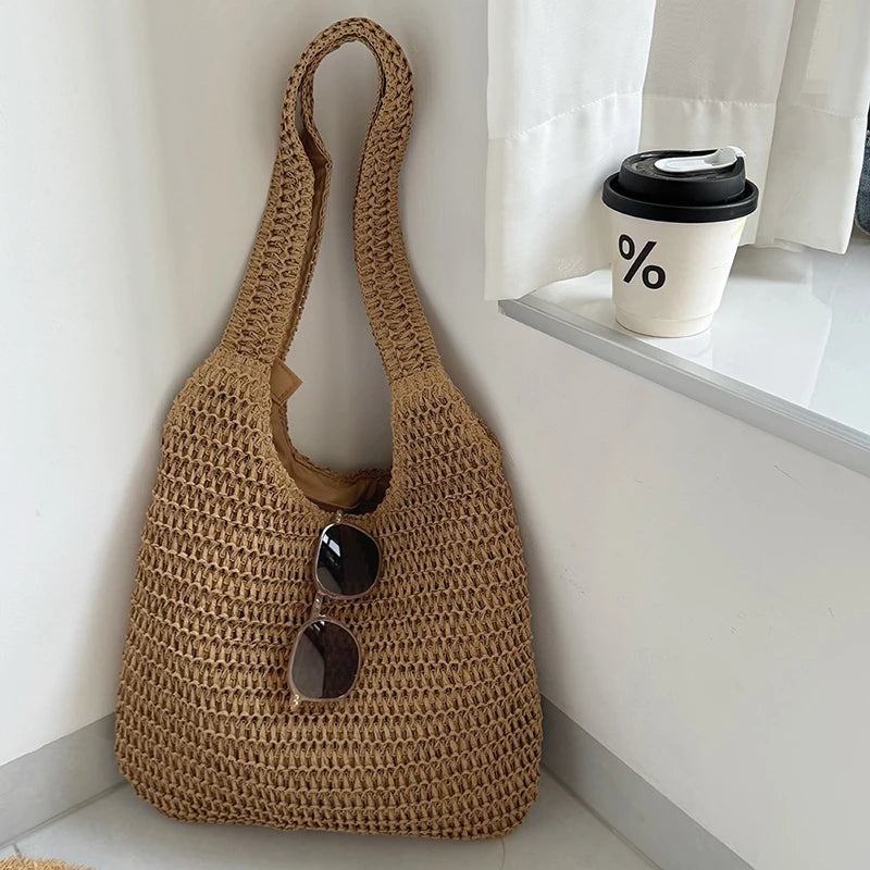 Woven Rattan Shoulder Bag Large Capacity Summer Straw Tote for Women