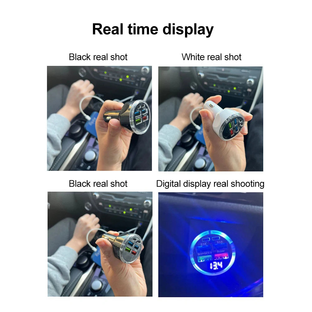 6-Port Fast Car Charger 250W – Multi USB PD & QC3.0 Cigarette Lighter Adapter with LED Display