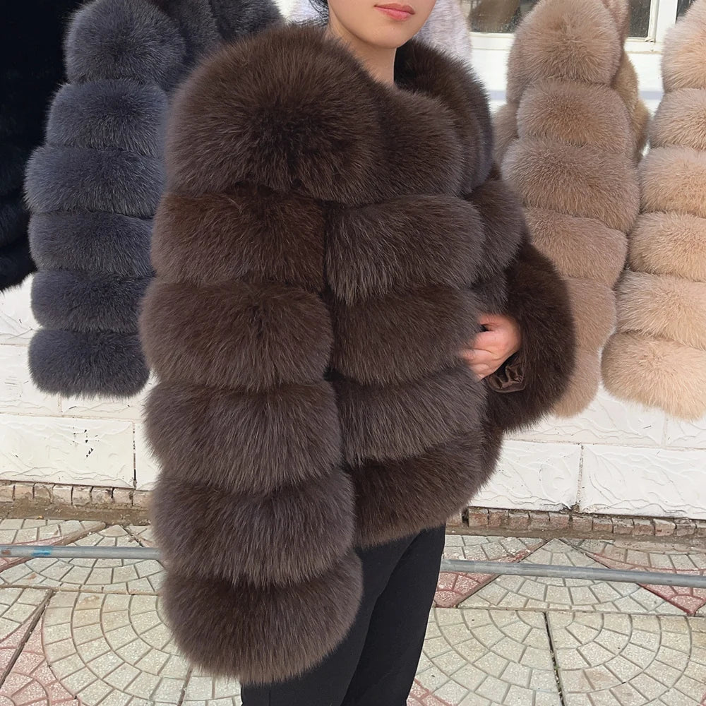 Women Real Fox Fur Winter Coat Brown Leather Jacket