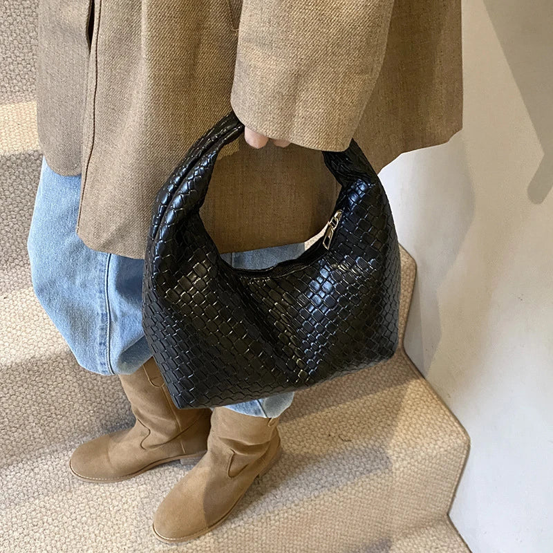 Women Woven Embossed Hobo Bag Soft PU Leather Shoulder Handbag