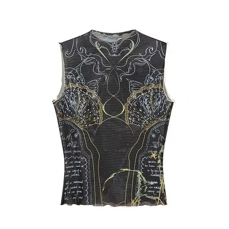 Y2K Mesh Print Crop Tank Top for Women Slim Fit Cami