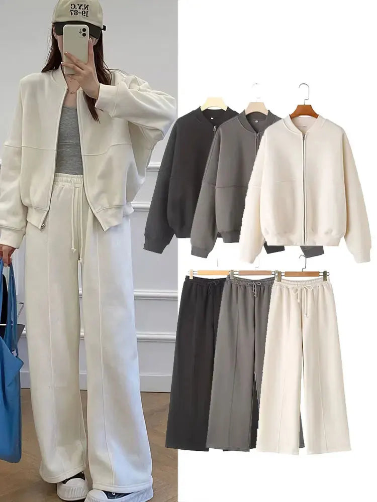 Women Two Piece Set Retro Bomber Jacket and High Waist Wide Leg Pants Streetwear Outfit