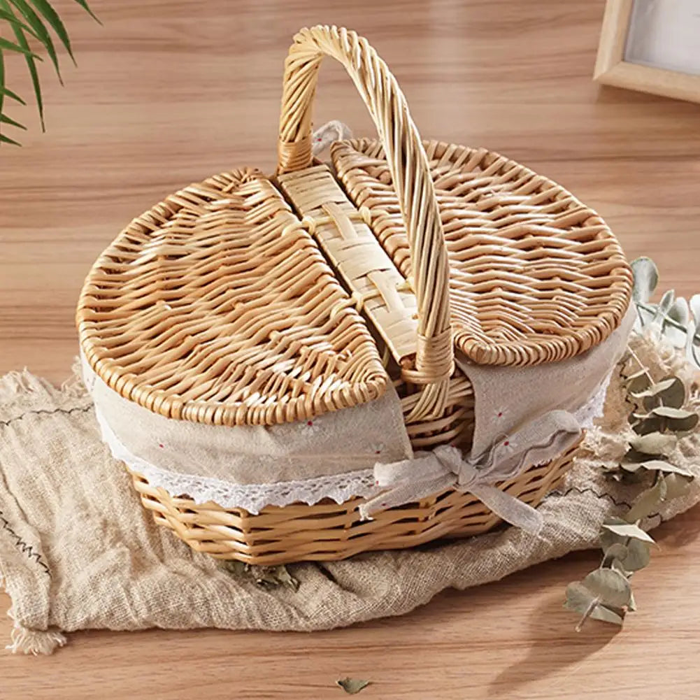 Handmade Wicker Picnic Basket with Handle Willow Storage Hamper Camping Fruit Basket
