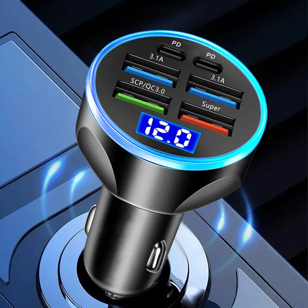 6-Port Fast Car Charger 250W – Multi USB PD & QC3.0 Cigarette Lighter Adapter with LED Display