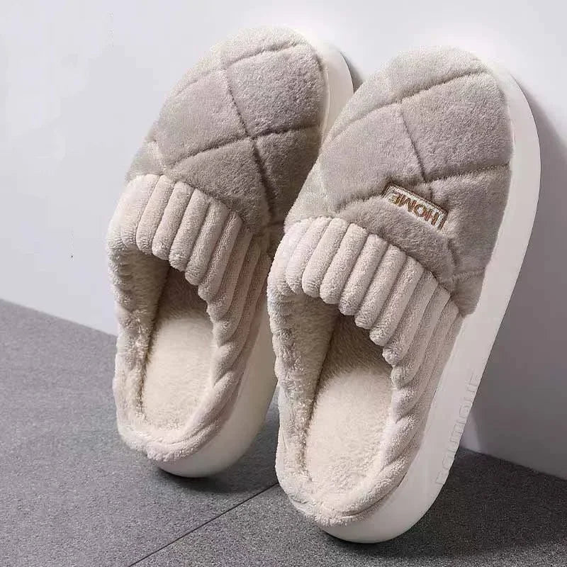 Quilted Plush Slippers Women Cozy Winter Soft Indoor Anti Slip House Shoes