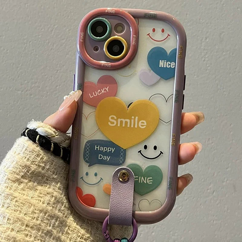 Cute Heart Wrist Chain Phone Case for iPhone with Lanyard Strap Protective Cover