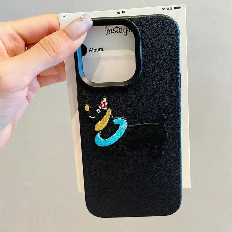Cute 3D Cartoon Embroidery Puppy Leather Pattern iPhone Case